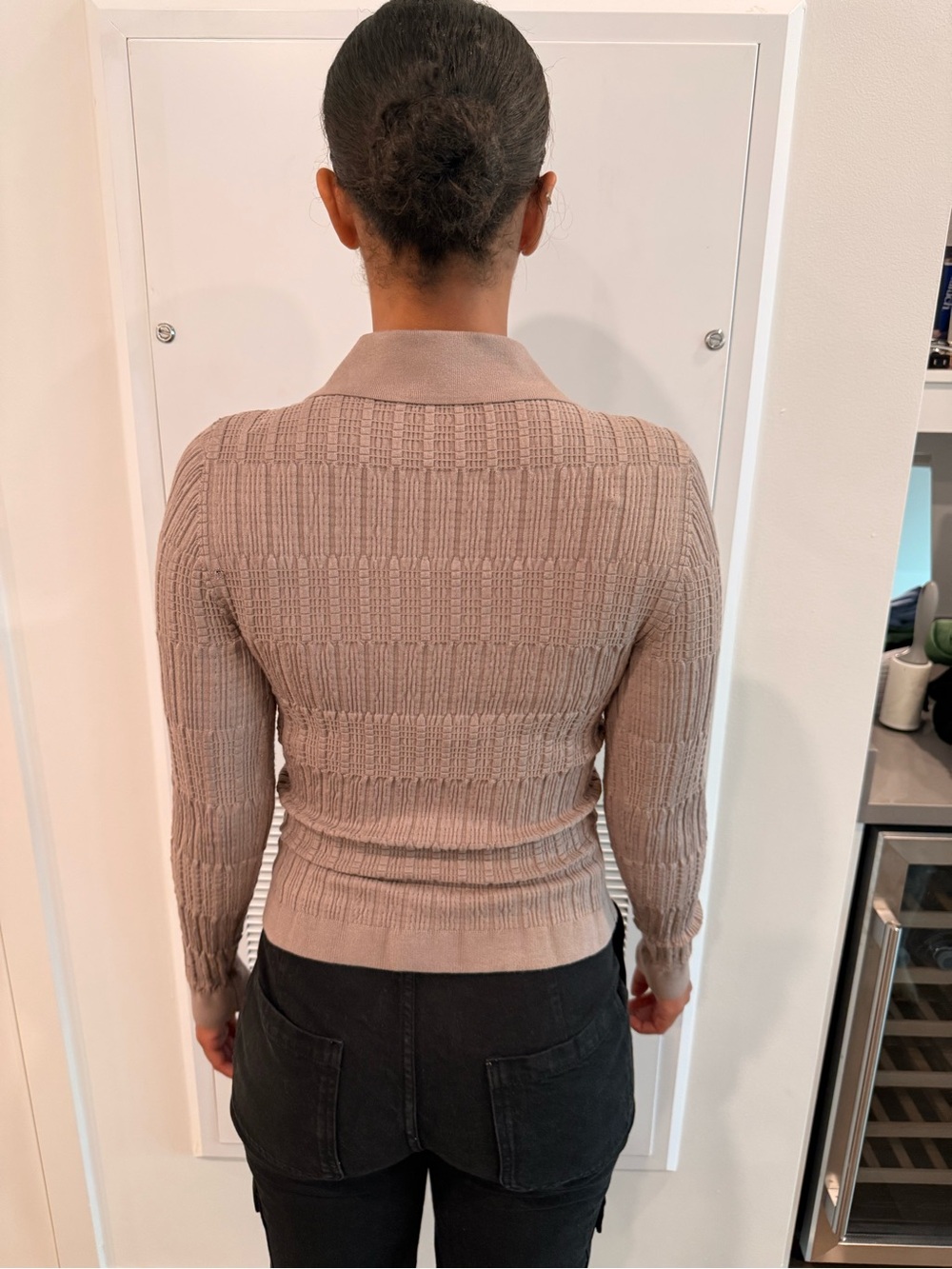 LOFT Blush Ribbed Button-Up Cardigan with Ruffle Hem - Picture 3 of 4